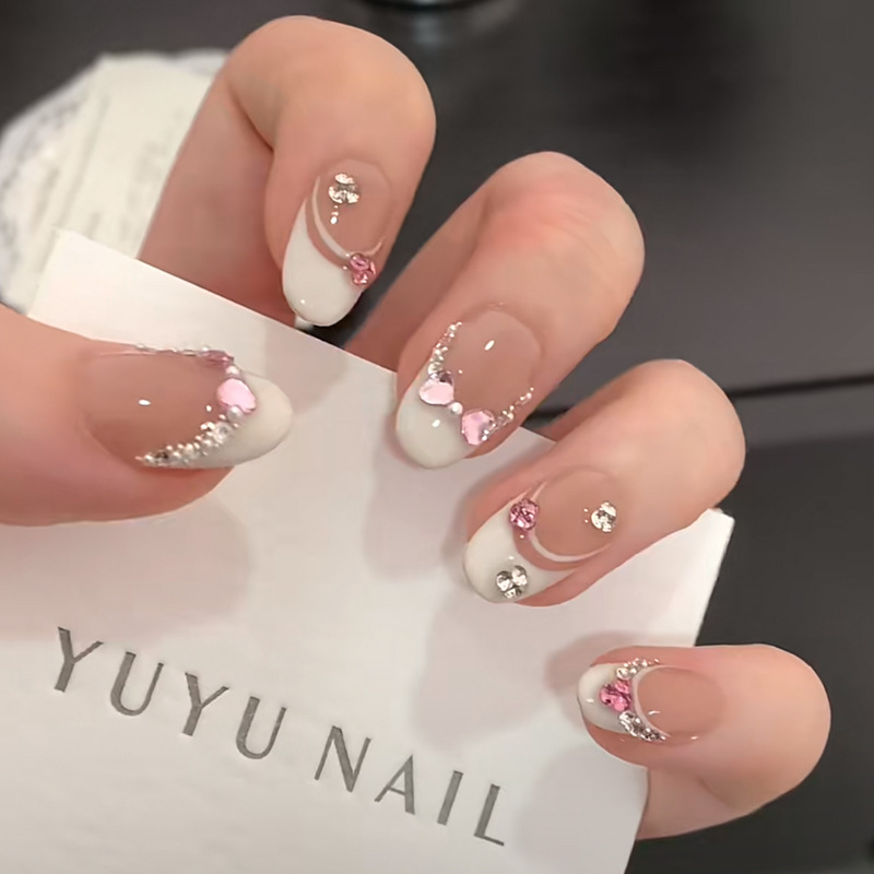 Nail Art Press On - 10Pcs White French Pink Heart Diamond