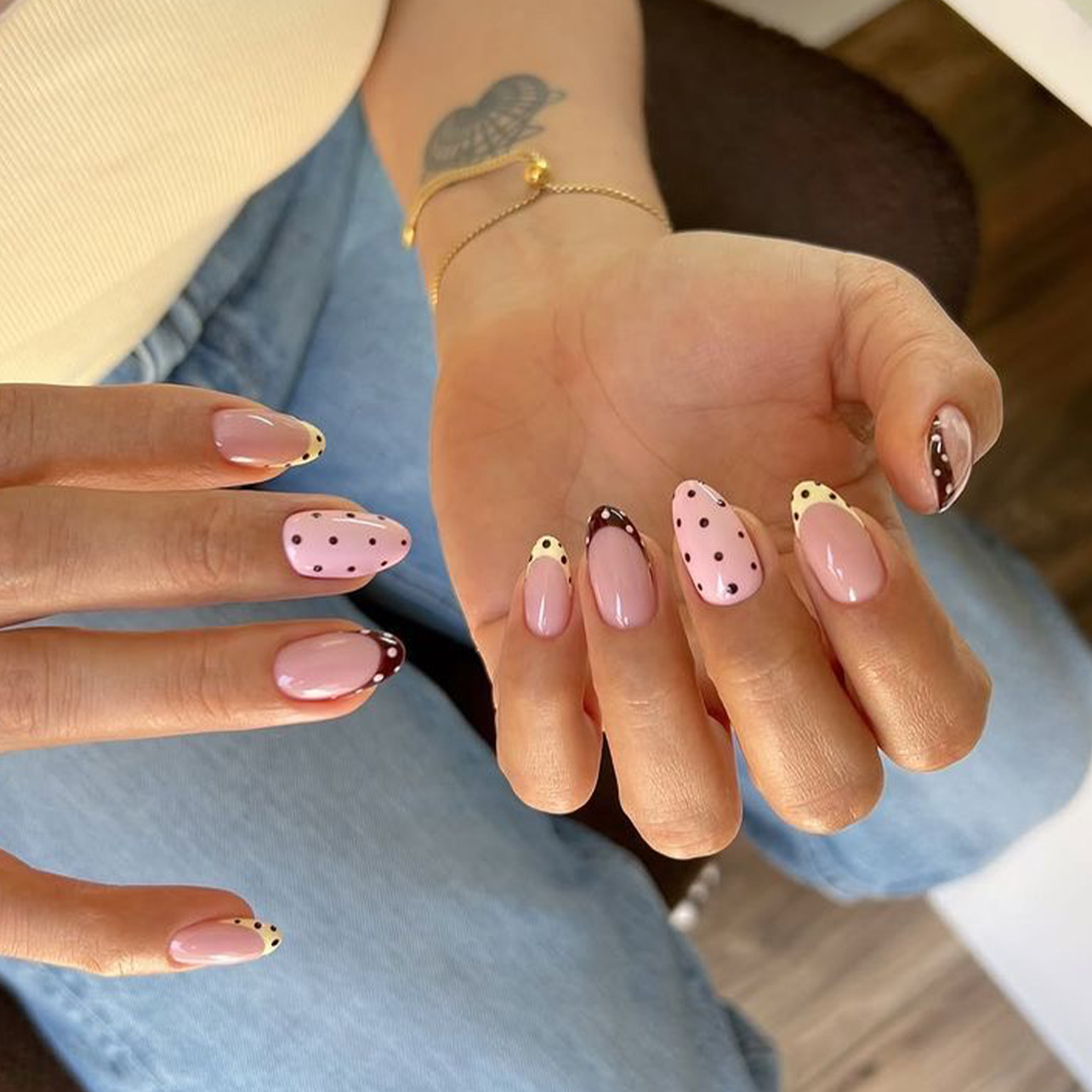 Nail Art Press On - 24Pcs Almond False Nails Sets Polka