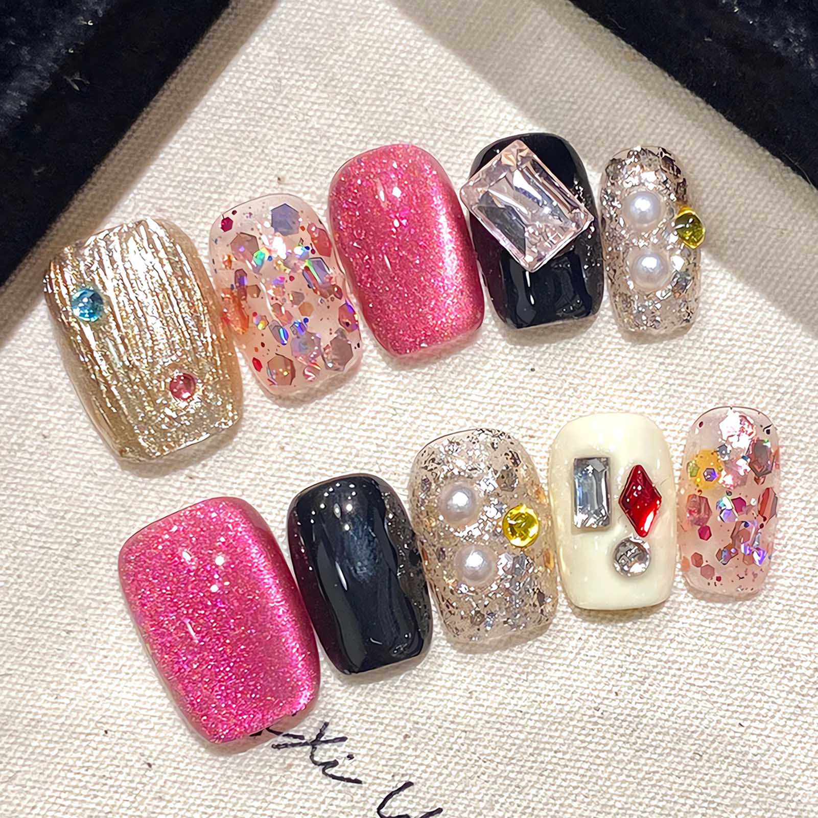 Nail Art Glitter - Handmade Press on Nails Glitter Pink