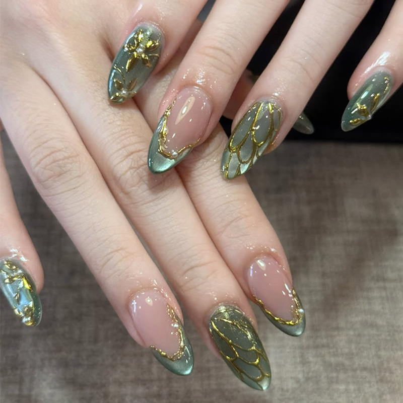 Nail Art Press On - 24pcs Green Cat Eye Fake Nails